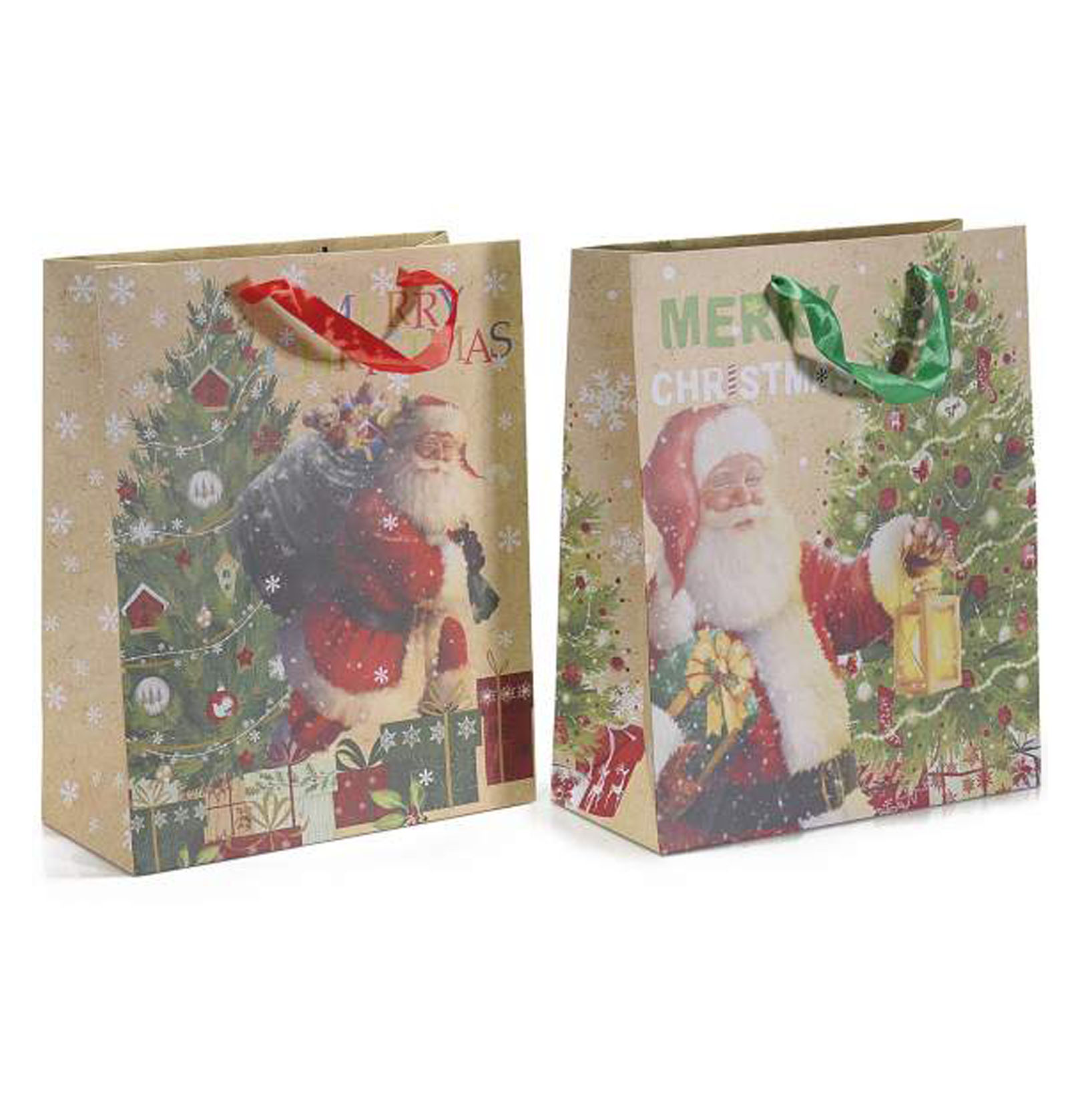 18Pz. Sacchetti buste da regalo in carta naturale con stampa natalizia: cm26x11,5x32H (c/manici42)